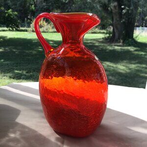 Vintage Enesco Italian orange crackle glass handled pitcher vase